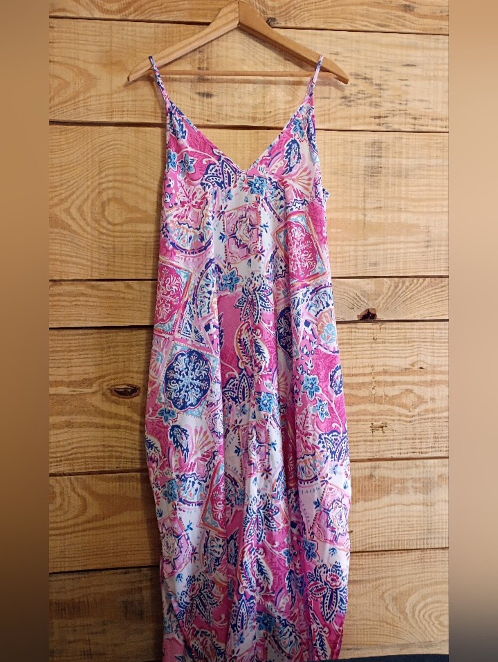 Pink Floral Tropical Paisley Print Maxi Chemise Slip Dress Resort Beachy Flowy